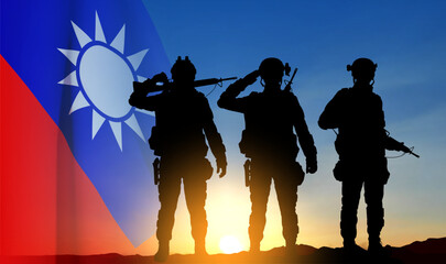 Silhouettes of a soldiers against the sunset with Taiwan flag. EPS10 vector