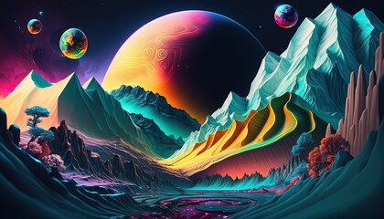 A Journey Through the Mountains and Planets in Cosmic Space, Ai, Ai Generated