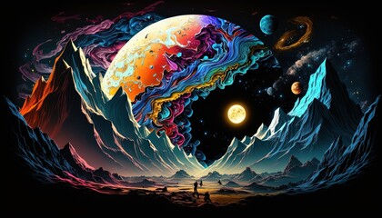 A Journey Through the Mountains and Planets in Cosmic Space, Ai, Ai Generated