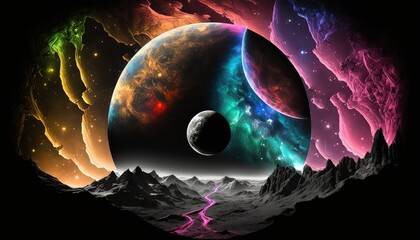 A Journey Through the Mountains and Planets in Cosmic Space, Ai, Ai Generated