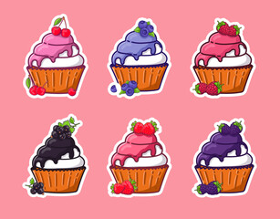 a set of stickers with cupcakes with different berry fillings, cupcake icons with currants, cherries, strawberries, blackberries, blueberries, raspberries.