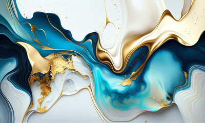 Blue and gold marble watercolor background with gold glitter foil. Luxury abstract fluid art painting in alcohol ink technique, mixture of blue, white and gold paints. Generative AI