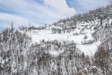 Winter Landscape with Small Village Houses Between Snow Covered Forest in Cold Mountains. Giresun - Turkey