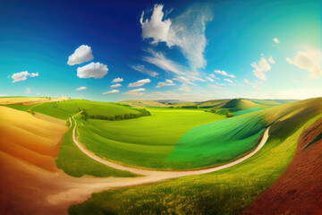 Big panoramic view of beautiful spring hills landscape with colorful fields sunny day sky.