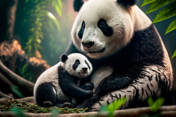 Obraz premium Beautiful panda with a baby panda happy together in Chinese park, realistic digital illustration. Generative AI