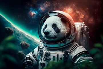 Beautifu panda in outer space.First trip to space. Generative AI