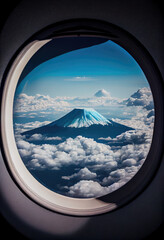 View of Mount Fuji from the window of an airplane flying in the clouds.