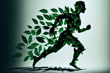 silhouette of man running made of green leaves leaving a trail of leaves behind him. Conceptualization of sustainability, nature, ecological activism and green economy on the rise