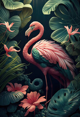 Flamingo bird. Pink flamingo in tropical garden. Generative ai illustration - obrazy, fototapety, plakaty
