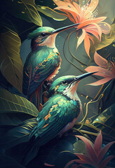Obraz premium Hummingbird, colorful humming bird, kingfishers. Two Hummingbirds or kingfishers in tropical garden closeup. Generative ai illustration