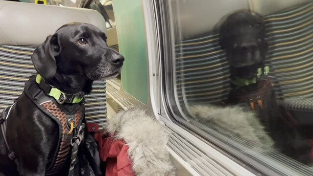 Dog looking out of the window in a high speed train