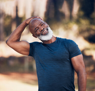 Senior man, stretching neck and exercise outdoor in nature forest for fitness and healthy lifestyle. Happy black person doing workout, training and muscle warm up for cardio body health and wellness