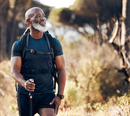 Fototapeta Hiking, black man and travel adventure in nature forest for trekking, fitness and cardio exercise. Senior person with backpack thinking and walking outdoor in woods for travel, health and wellness obraz