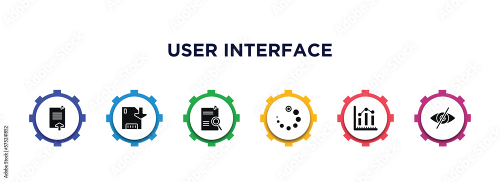 Poster user interface filled icons with infographic template. glyph icons such as uploading file, save, sea