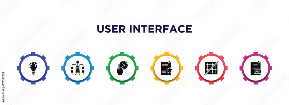 Poster user interface filled icons with infographic template. glyph icons such as brainstorming, data conne