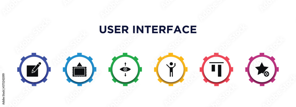 Poster user interface filled icons with infographic template. glyph icons such as editor, image with frame,