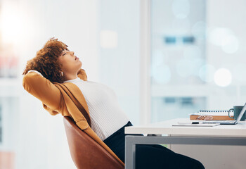 Relax, business and a black woman finished with tasks in the office, resting or breathing at her desk. Success, peace and calm with a female employee relaxing after a job well done or completed - obrazy, fototapety, plakaty