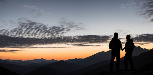 Silhouette of two person on top of mountain peak. / Holding Hands / coaching goal, success and...