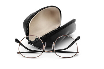 Eye glasses with case on white backgroound.