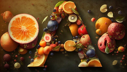 Fototapeta na wymiar letter A in the style of anime manga made of fruits, fruits theme