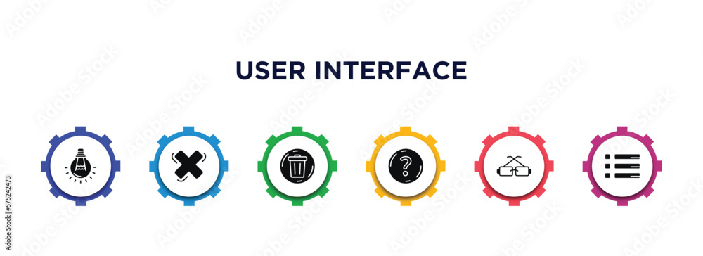 Aufkleber user interface filled icons with infographic template. glyph icons such as tungsten, cross, delete r