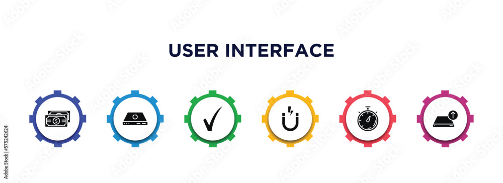 Poster user interface filled icons with infographic template. glyph icons such as dollar bills stack, tiny 