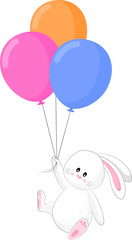 Obraz na płótnie Canvas Cute rabbit flying with balloons to the sky. Cute cartoon bunny for baby shower card, greeting card, kids cards for birthday poster or banner, cartoon invitation.