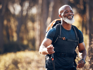 Fitness, hiking and smile with black man in forest for freedom, health and sports training....