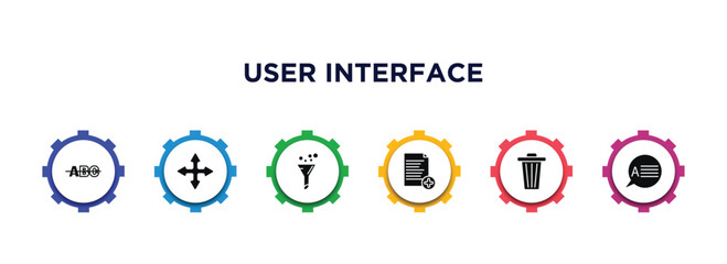 user interface filled icons with infographic template. glyph icons such as strikethrough, move arrows, selective, add new document, trash bin, answer vector.