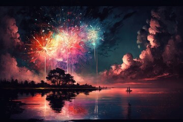 Fototapeta na wymiar Fantasy Fireworks Lighting Up the Beautiful Night Sky over a Reflective Lake 16