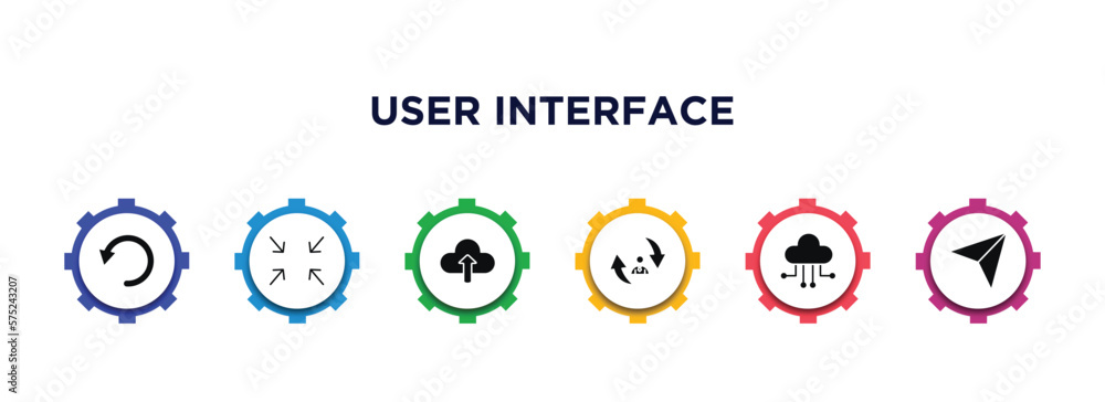 Poster user interface filled icons with infographic template. glyph icons such as reload webpage, exit full