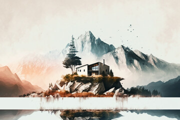 a watercolor landscape with a modern and minimalist twist, using creative design elements such as the use of negative space and clean lines. Generative AI