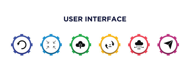 user interface filled icons with infographic template. glyph icons such as reload webpage, exit full screen arrows, cloud upload, repaying, cloud with connection, navigation arrows vector.