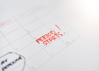 Period, cycle and note on a calendar for menstruation, monthly schedule and date for time of month. Agenda, information and reminder of an important day for health, sickness and feminine care