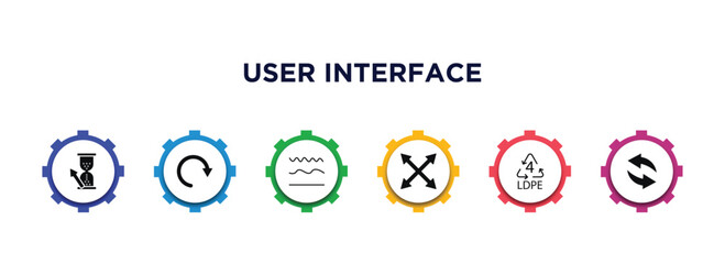 user interface filled icons with infographic template. glyph icons such as wait cursor, redo arrow, curve line, expand button, 4 ldpe, refresh arrows vector.
