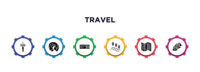 travel filled icons with infographic template. glyph icons such as control tower, sleeping, bus ticket, road map, brochure, egyptian pyramids vector.