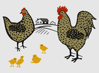 Chicken vector hand drawn illustration. Chicken, speckled hen, rooster, cock and chicks  on country background for poster, flyer, farm package design.