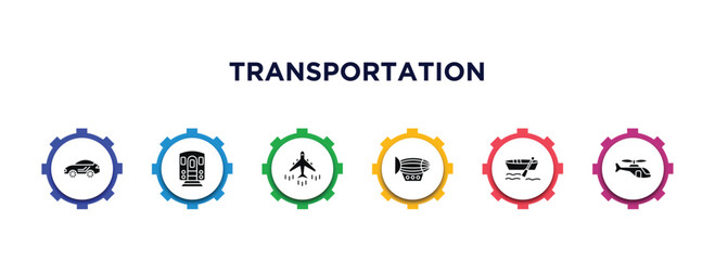transportation filled icons with infographic template. glyph icons such as sport car, , airliner, dirigible, dugout canoe, helicopter profile vector. - obrazy, fototapety, plakaty