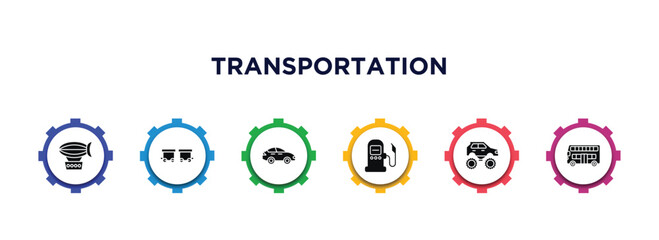 transportation filled icons with infographic template. glyph icons such as zeppelin, wagon, sedan, fuel dispenser, monster truck, double decker bus vector. © IconArt