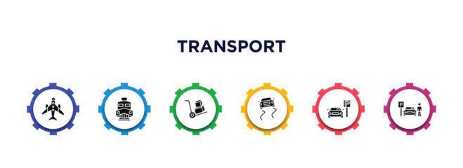 transport filled icons with infographic template. glyph icons such as airplane pointing up, diesel train, cart with boxes, slippy road, car parking, parking men vector.