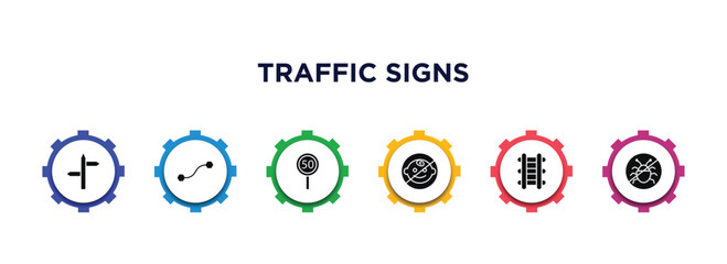 traffic signs filled icons with infographic template. glyph icons such as road, curves, speed limit, no children, railway, no insects vector.