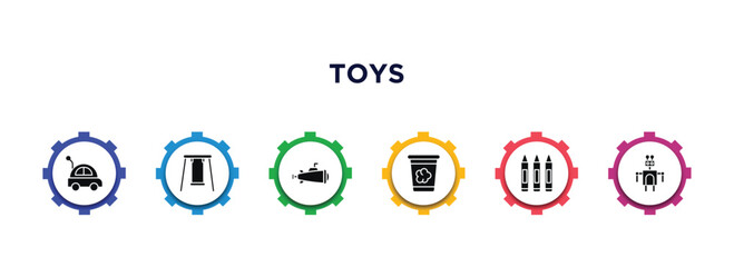 toys filled icons with infographic template. glyph icons such as car toy, swing toy, submarine toy, dough crayons robot vector.