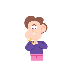 a boy has pain in his throat. symptoms of sore throat, tonsils, cough, pharyngitis. health problems. character illustration concept design. design elements