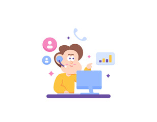 telemarketing. a marketing staff doing phone calls to prospect customers to make offerings. promote the product to the consumer. job. illustration concept design. design element
