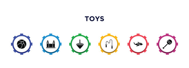 toys filled icons with infographic template. glyph icons such as beach ball toy, castle toy, spinning top toy, skipping rope plane vector.