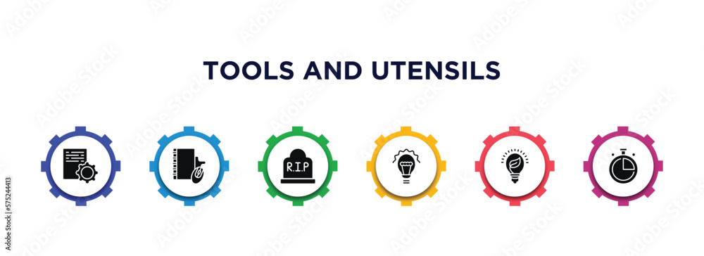 Poster tools and utensils filled icons with infographic template. glyph icons such as program tings, book w