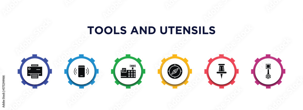 Poster tools and utensils filled icons with infographic template. glyph icons such as print button, ringing