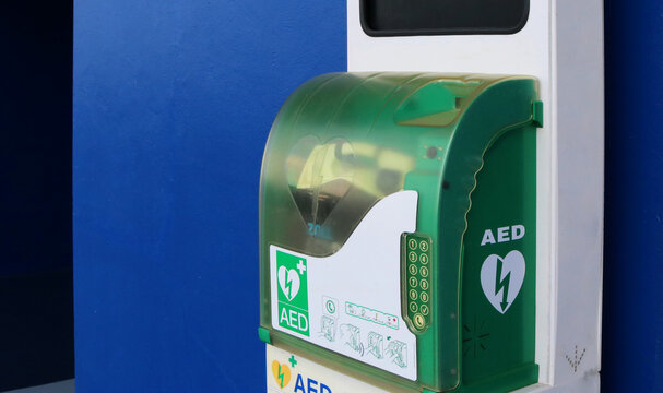Automated external defibrillator or AED box in a public building for life saving. 