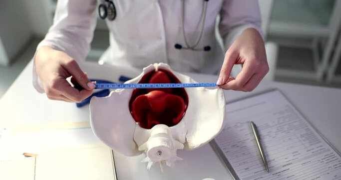 Gynecologist measures dimensions of pelvis and transverse dimensions of pelvis