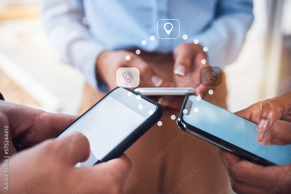 Poster business people, hands and phone with mockup screen for advertising, marketing or networking. hand o